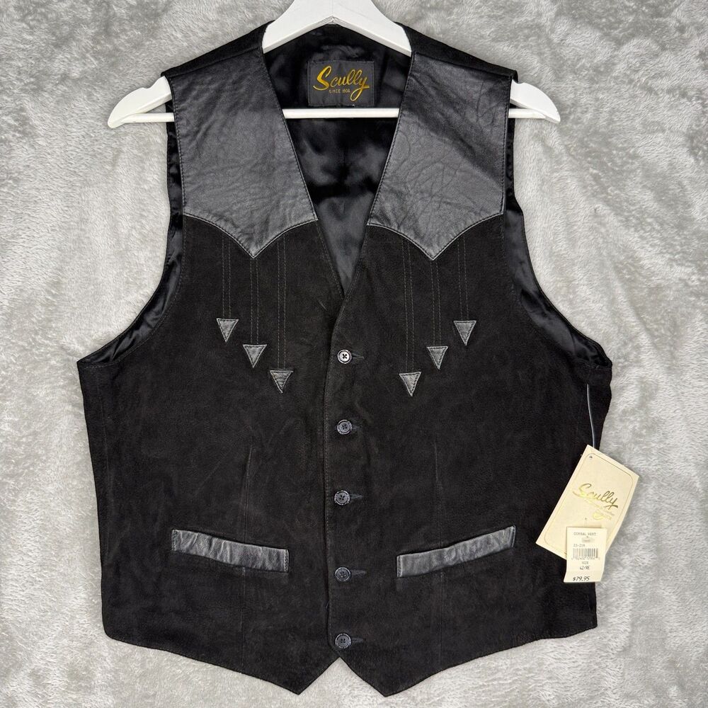Scully Vest Mens 42 Corral Western Black Leather Cowboy Country Rodeo Yoke Trim